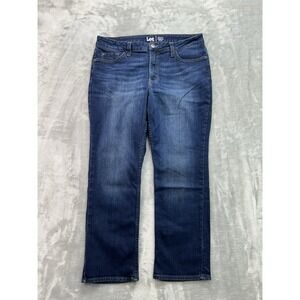 Lee Jeans Womens Sz 14P Dark Blue Regular Fit Straight Leg Mid Rise Stretch Fade